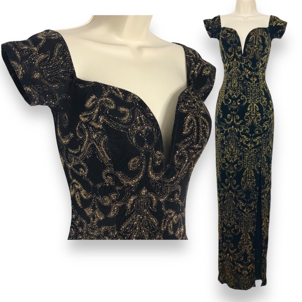 Cameo Women Black Sparkle Gold Wire Plunge V Neck Maxi Prom Dress Sz S Romantic